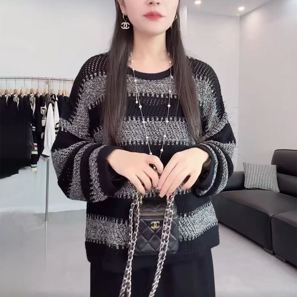 秋冬慵懒风撞色条纹针织衫女高级感减龄宽松内搭显瘦打底毛衣上衣