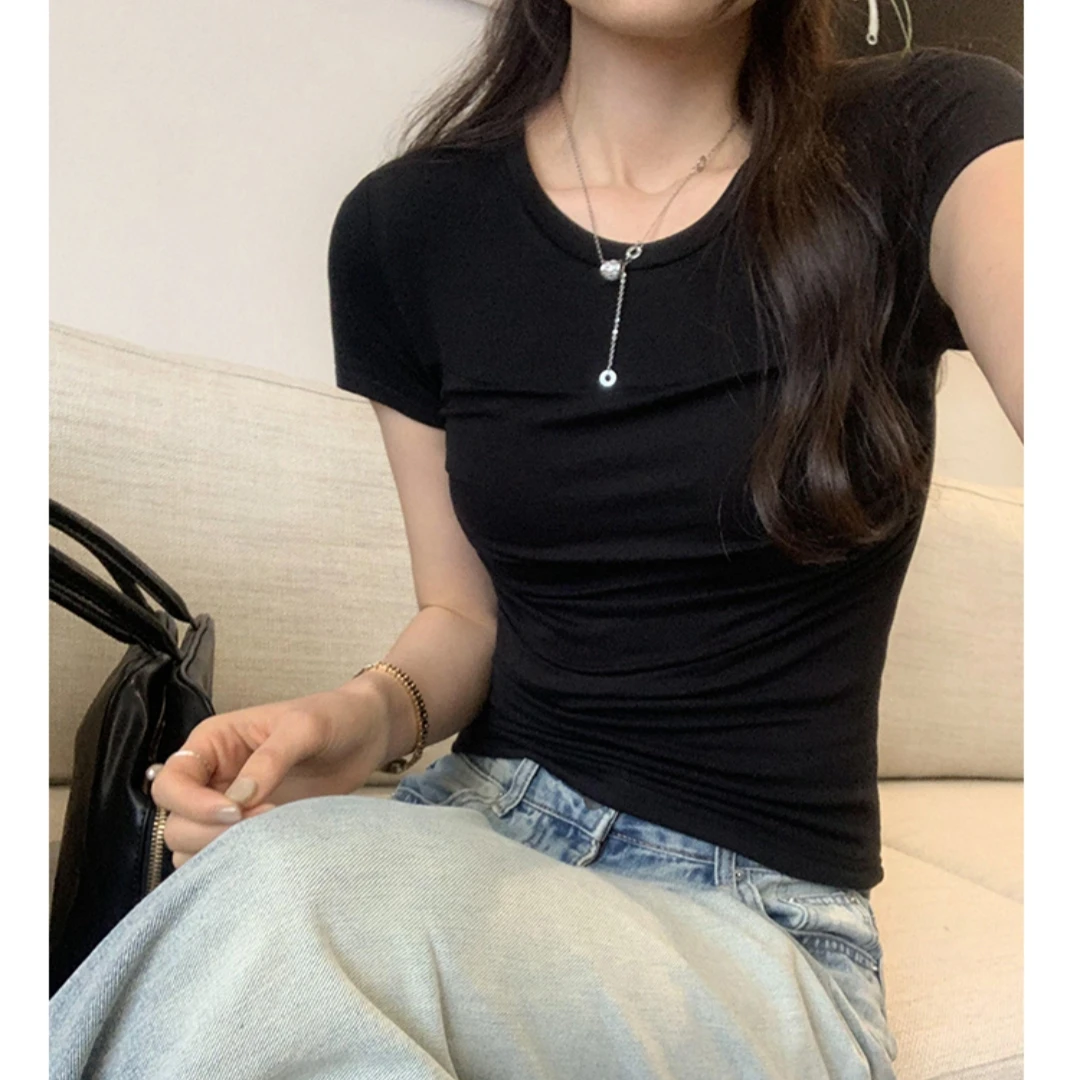气质百搭正肩修身短袖恤女夏季2025新款美式辣妹上衣