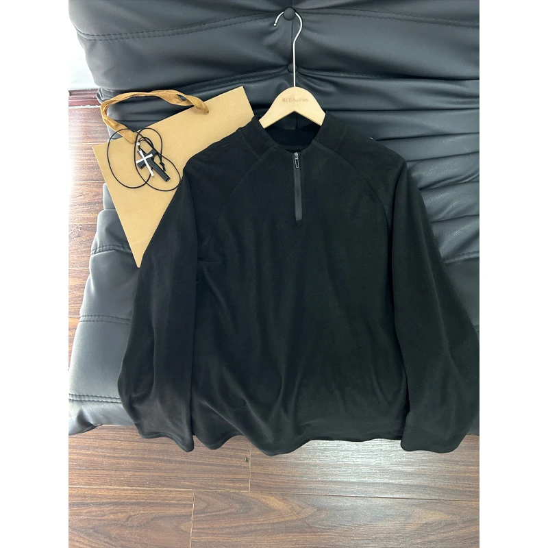 黑色半拉链德绒打底衫男士秋冬季高级感拼接长袖T恤纯色保暖内搭