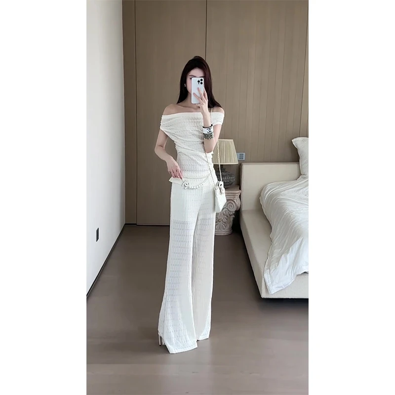 网红洋气套装时尚气质设计感一字肩上衣百搭显瘦直筒阔腿裤长裤女