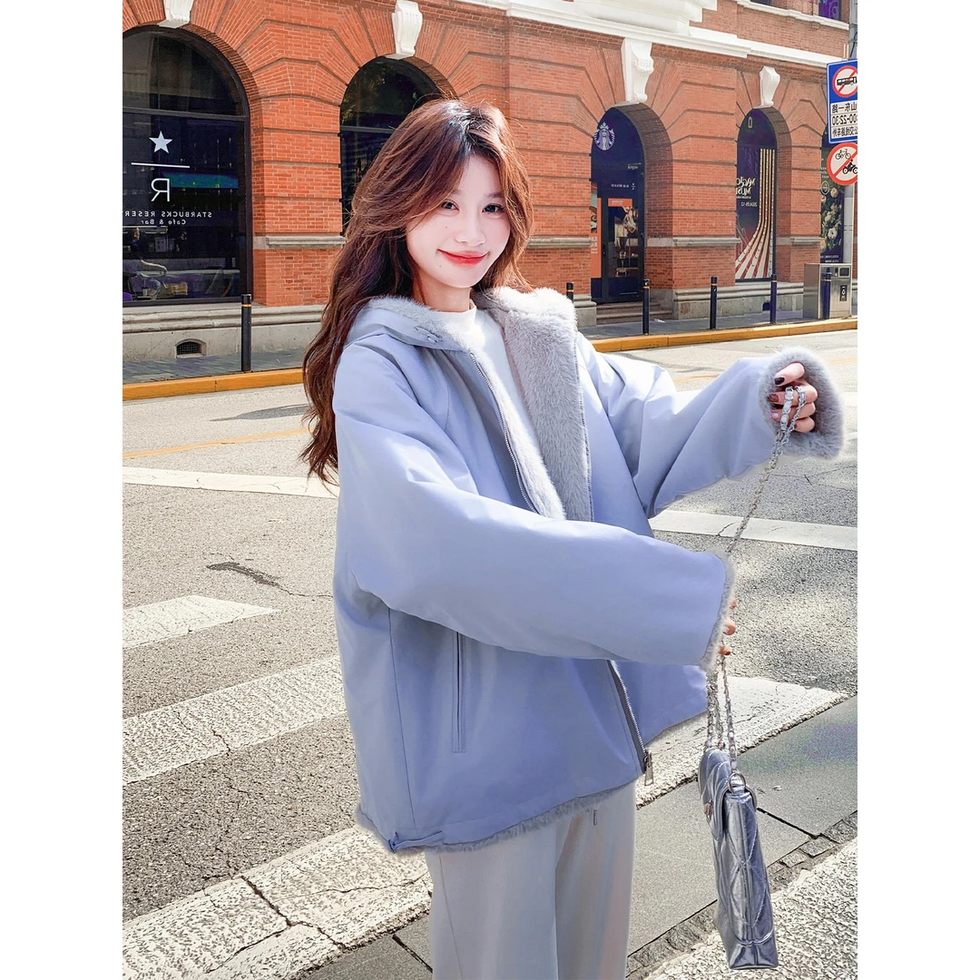 巨好看简约风松弛感两面穿羊羔毛外套女2025冬季新款休闲加厚棉服