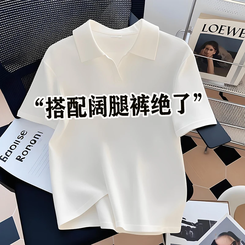 欧货休闲POLO领白色短袖T恤女夏2025新款宽松韩版正肩打底衫上衣
