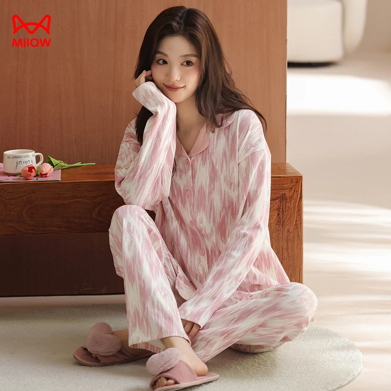 MiiOW/猫人秋季简约时尚纯棉女士睡衣开衫翻领粉色可外穿家居服
