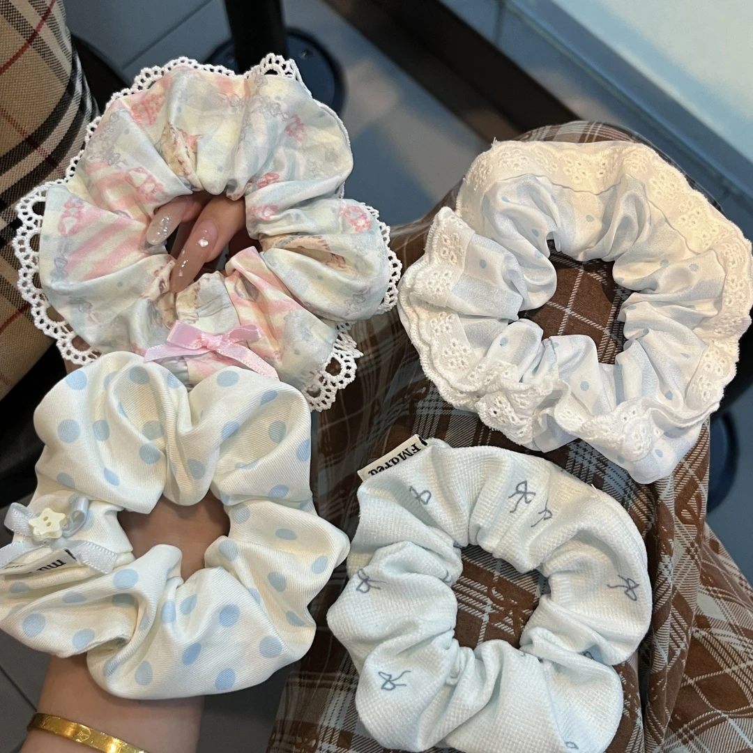 梦幻奶蓝~蕾丝花边发圈小众印花可爱大肠发圈甜美百搭布艺发饰