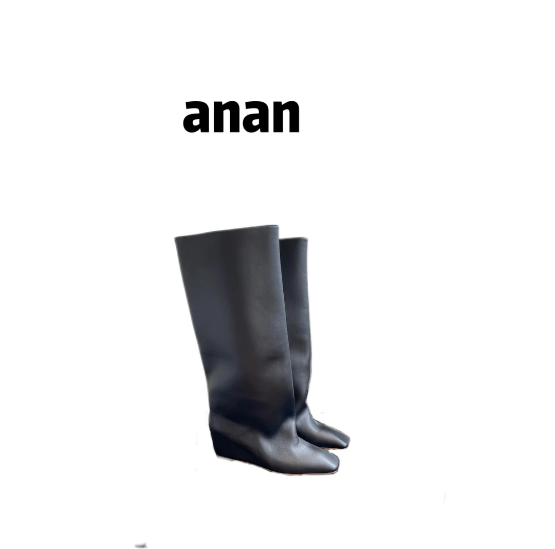 【ANAN】新款方头真皮坡跟直筒长靴