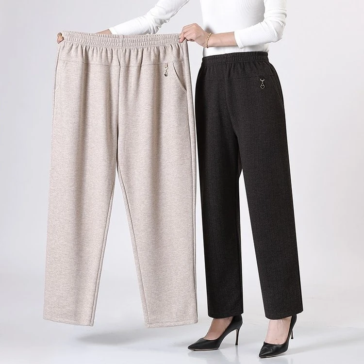 秋冬新款加绒加厚大码宽松高腰中老年妈妈装外穿休闲裤松紧腰