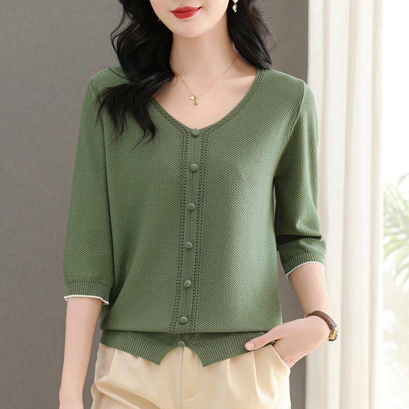 桑蚕丝七分袖针织衫中袖t恤女妈妈春装2025年新款高端夏季体恤薄