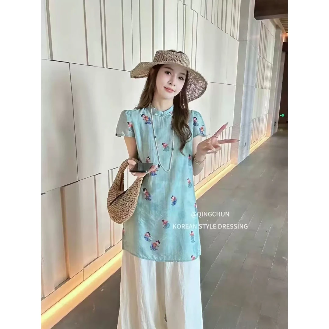 新中式盘扣旗袍上衣+阔腿裤两件套女欧货2025年夏季新款时尚套装