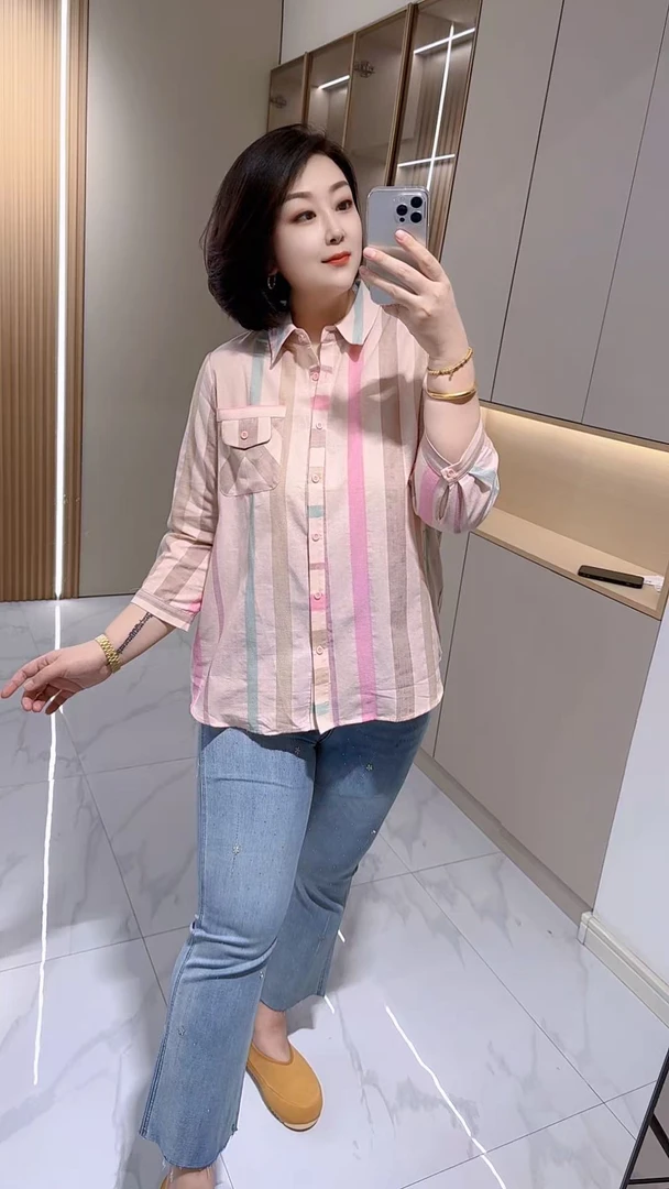【聪姐推荐】7310法式时尚显瘦竖条翻领衬衫（衣长78，胸围128）