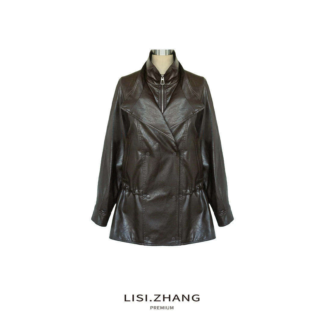 LISI.ZHANG--【双领皮衣】时尚设计感风衣式双排扣双领皮外套