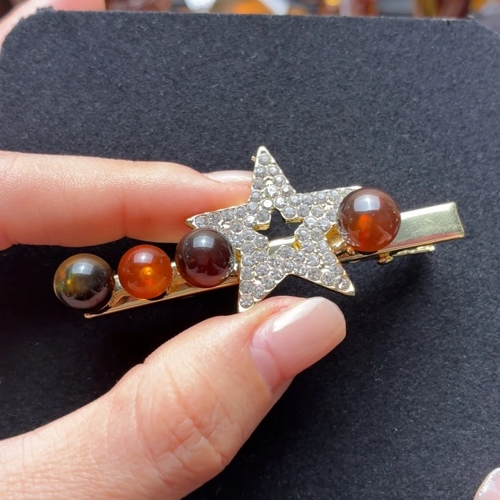 琥珀未镶嵌珠宝奇石多宝珠五角星发夹