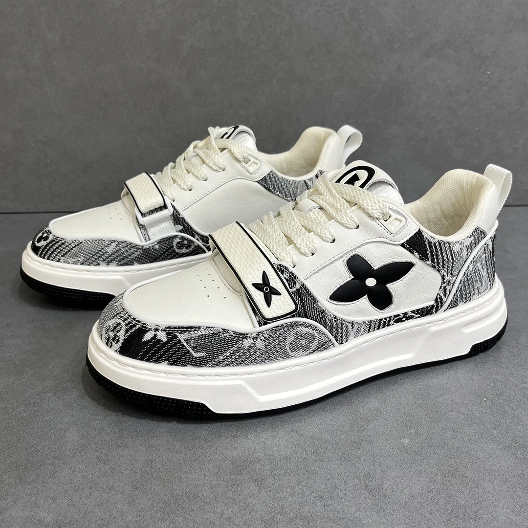 透气秋季胶粘厚底印花皮休闲板鞋黑白印花系带男士真皮低帮白色