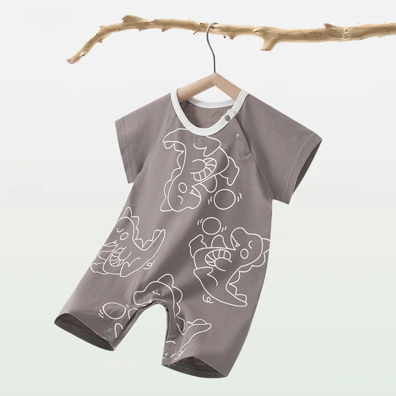 婴幼儿夏季斜襟单排扣套头短袖哈衣男女宝爬服宝宝卡通印花连体衣