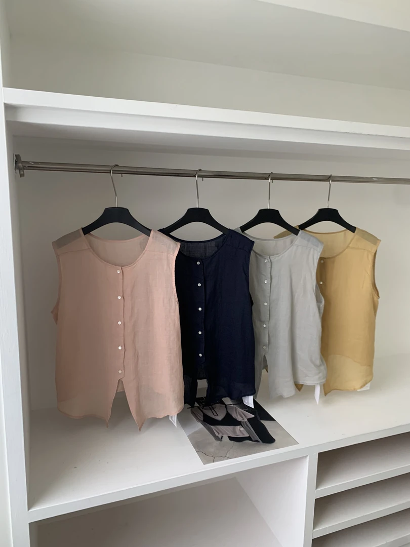 100苎麻【爱褶皱】前后两穿背心微透无袖衬衫纯色夏季时尚百搭气质