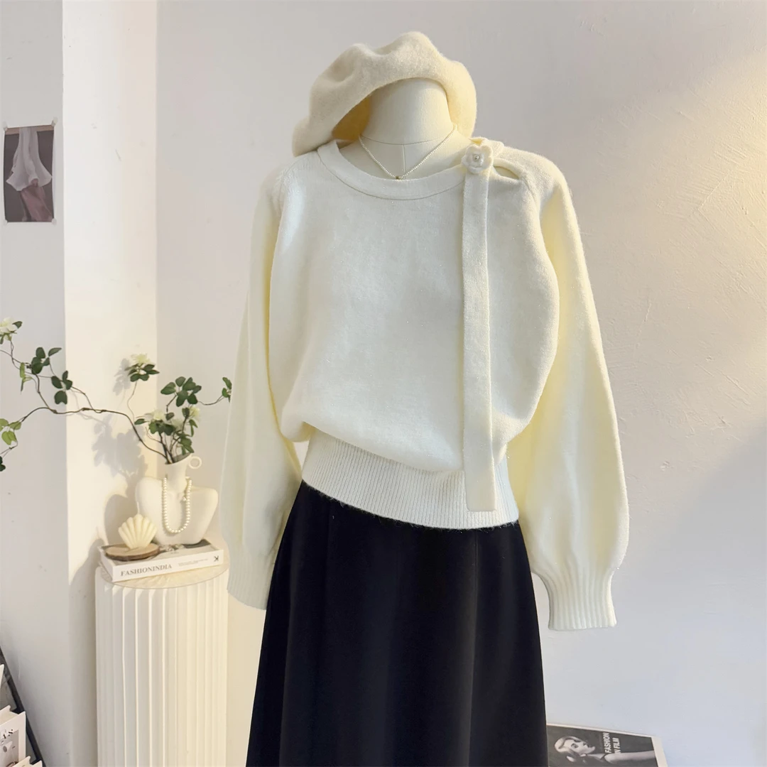 立体花朵飘带毛衣女2025秋冬韩系温柔气质宽松圆领套头针织衫上衣