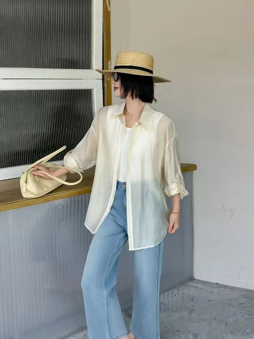宽松型春夏翻领清纯风女包袖衬衫百搭薄款透气休闲长袖