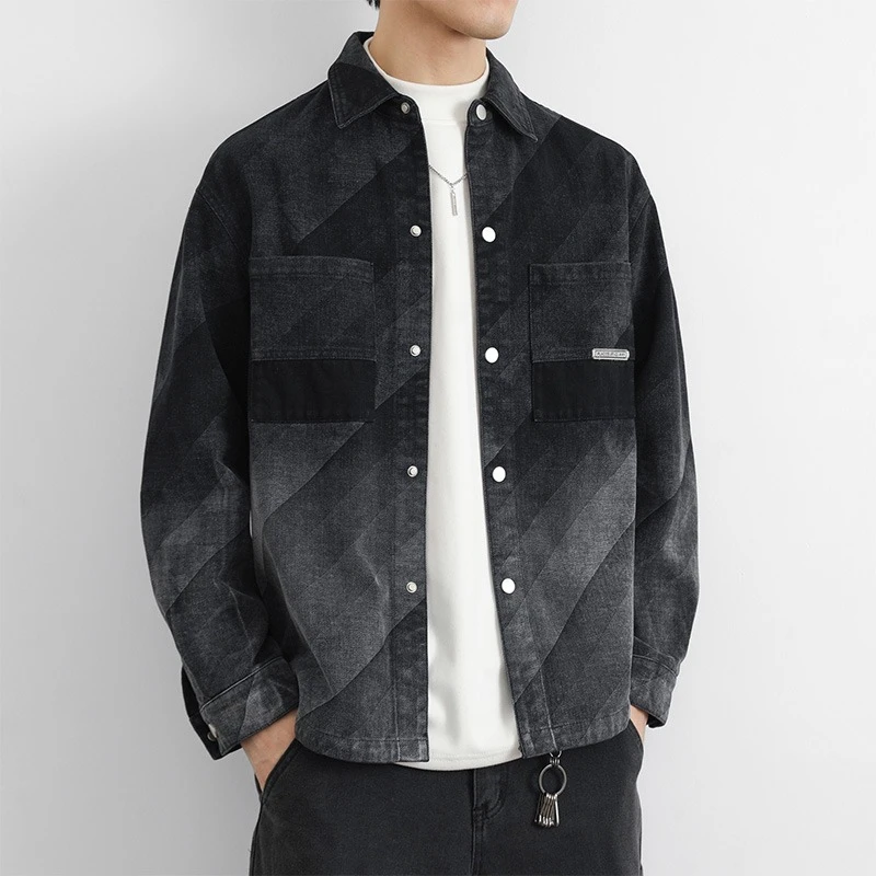 秋季新款渐变色牛仔夹克外套男士百搭修身休闲潮流牌翻领衬衫外套