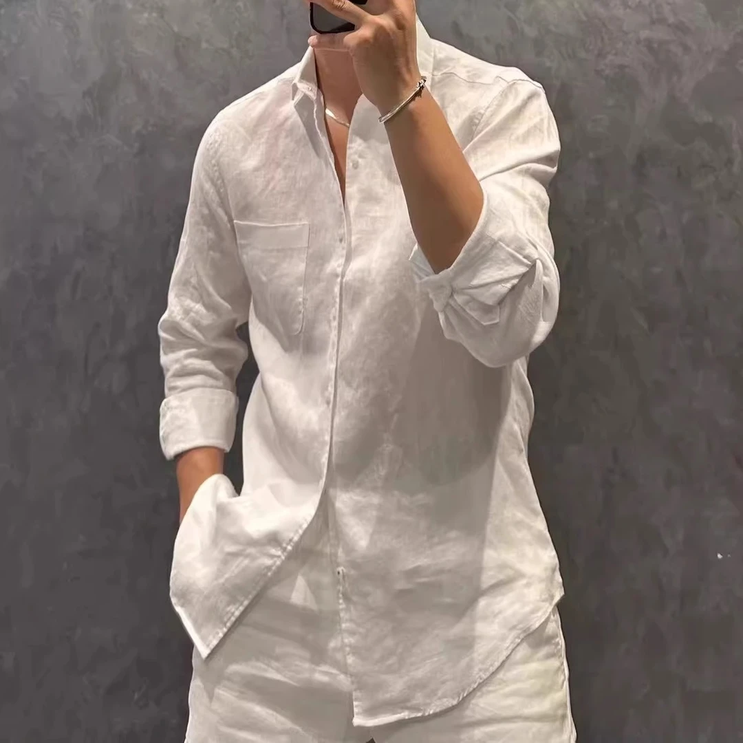 高品质口袋亚麻长袖衬衫男夏季宽松亲肤软糯上衣简约百搭休闲衬衣