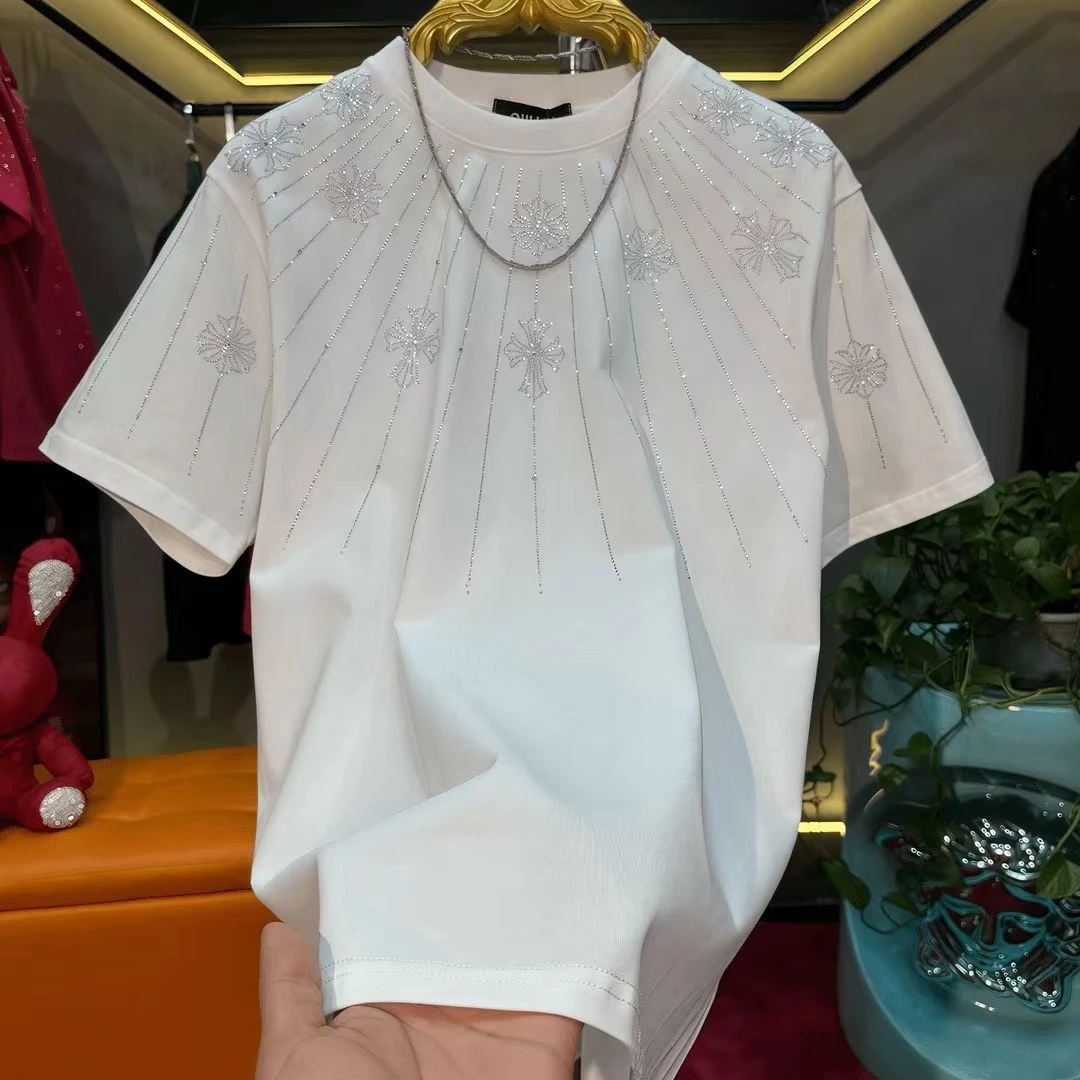 2025年夏季轻奢潮牌男士圆领短袖t恤潮流百搭时尚烫钻体恤上衣男