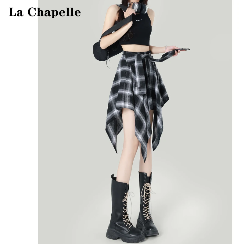 拉夏贝尔藏蓝不规则绑带半身裙女2025春季设计感小众格子a字短裙