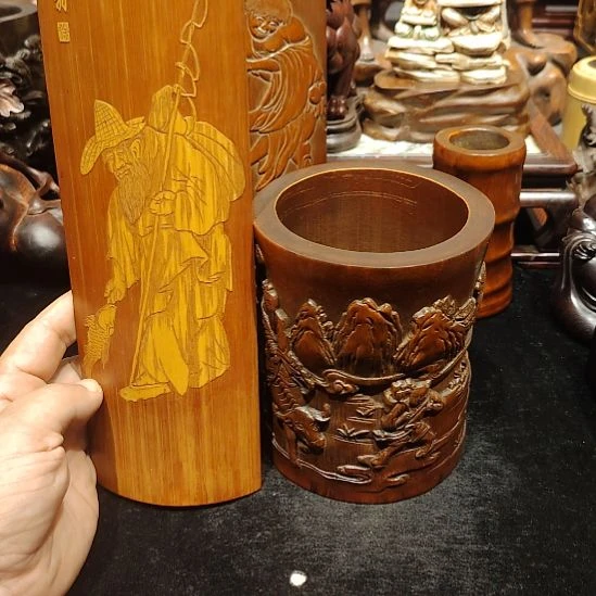今***夜木老竹雕文房笔筒一套
