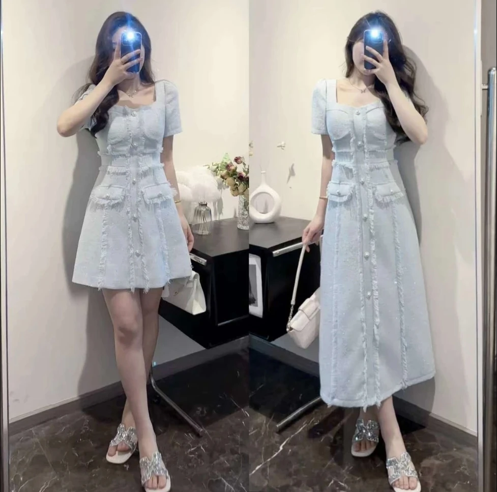 6153【朵拉】大码法式轻奢名媛高端显瘦蓝色小香风连衣裙子夏季