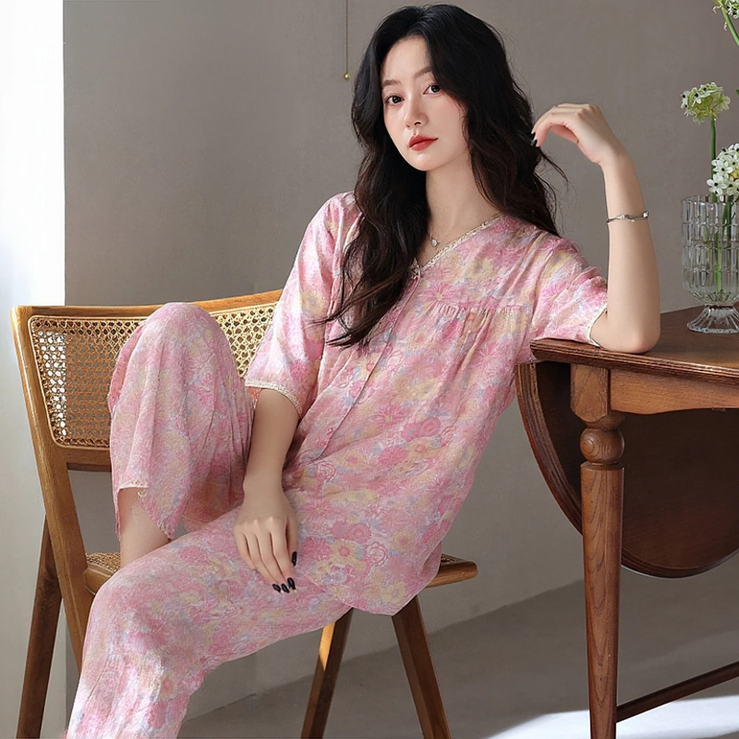 力婷睡衣女简约高级感夏季新款纯棉半袖夏天薄款家居服套装可外穿