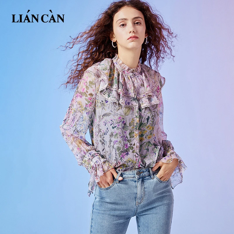 莲灿2025新款春夏商场同款浪漫气质蕾丝雪纺长袖衬衫女7121318003
