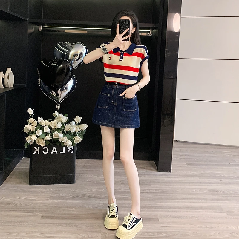 时尚套装夏季显瘦上衣条纹针织衫短袖高腰牛仔短裙裤减龄两件套