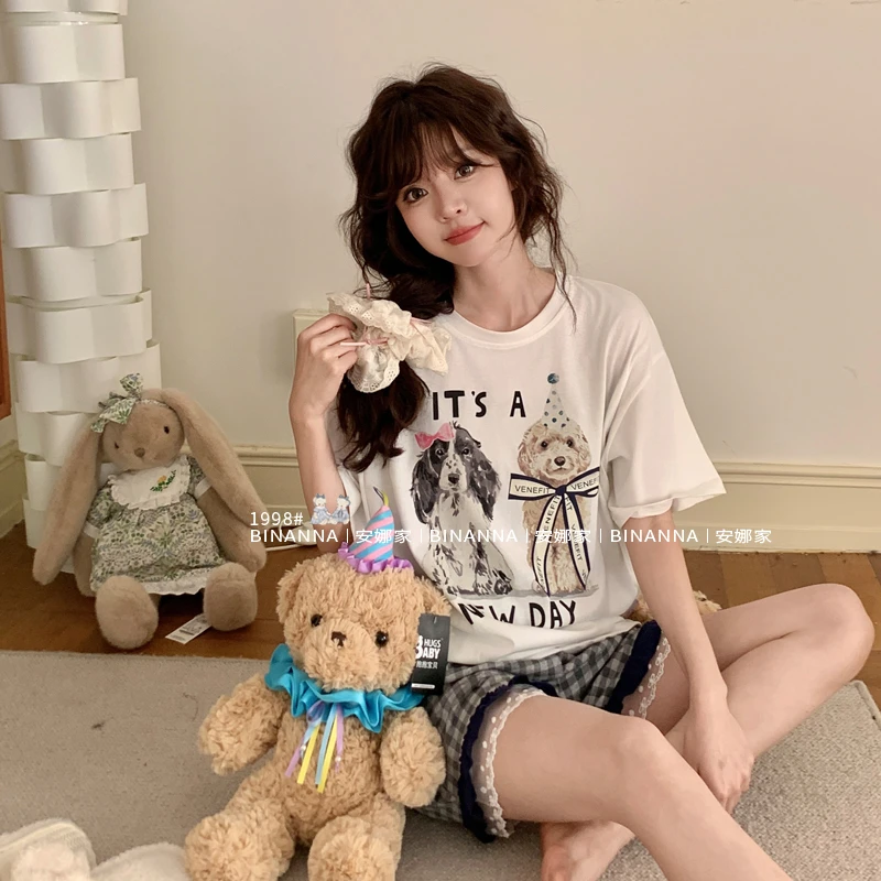 缤安娜家居服睡衣女款2025新款夏短袖丝光棉可爱针织薄款夏季套装