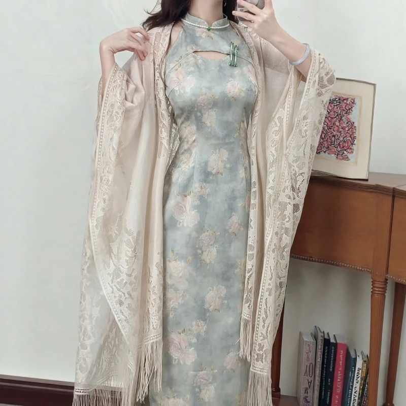 予溪自制夏季新中式国风长款蕾丝披肩