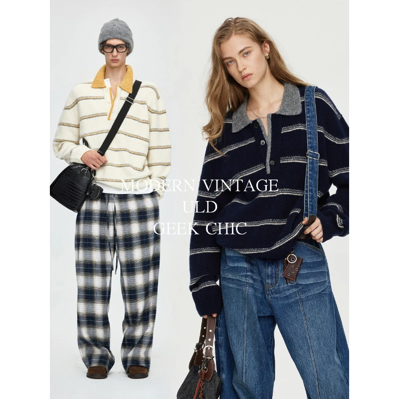 【ULD】/ 90s云朵中古感骆马绒羊毛撞色条纹长袖polo衫