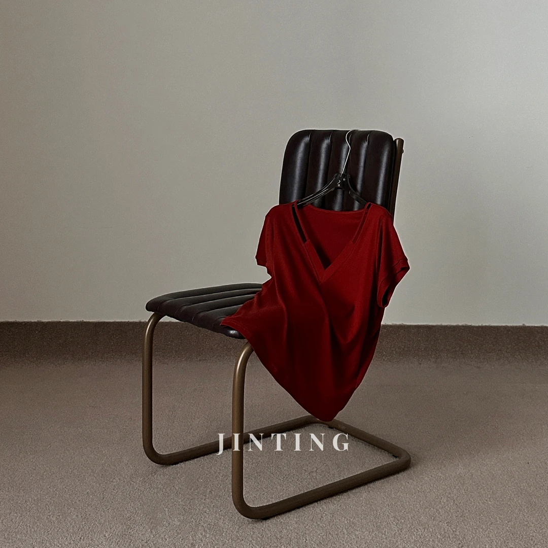 韩系休闲时尚舒适百塔气质设计V领镂空短袖T女-M25206440