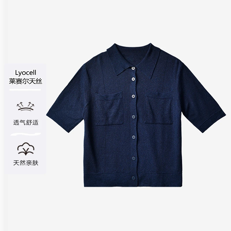 夏季女士莱赛尔麻混纺撞色翻领针织短袖女款简约百搭半袖T恤Z1388