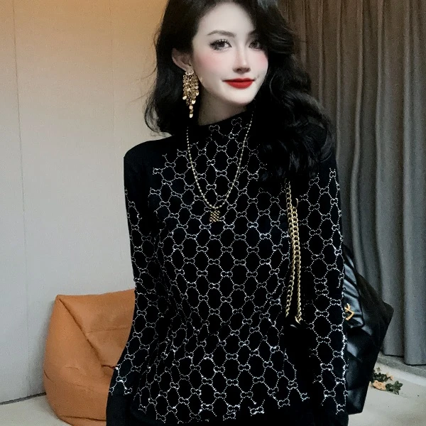 【早秋新款】网格打底衫女装欧货重工烫钻长袖T恤上衣女