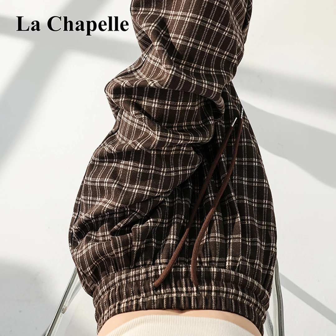 拉夏贝尔2025秋冬新款时尚百搭松紧高腰直筒阔腿格子拖地休闲裤女