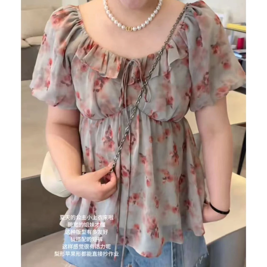 晶咕佳佳【海棠未眠】碎花荷叶边印花气质小上衣显瘦公主时尚夏天
