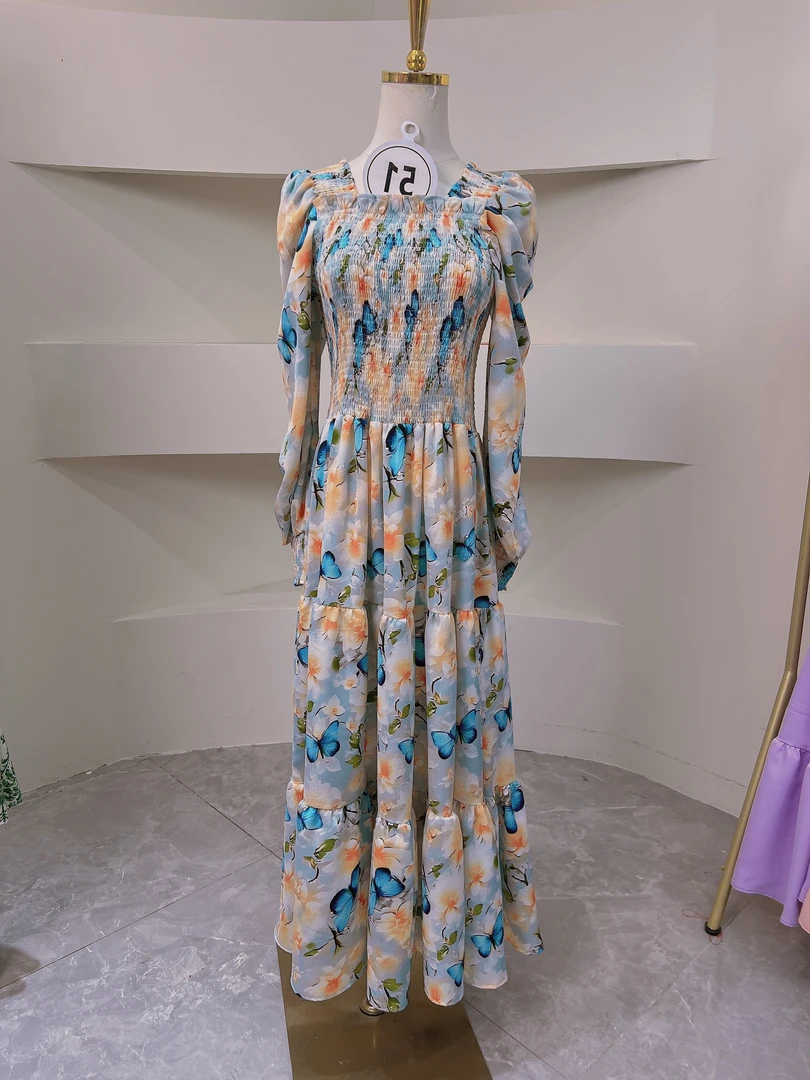 碎花气质长裙大摆裙时尚春夏秋女装连衣裙一字肩51