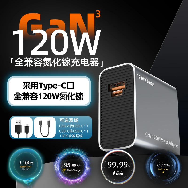 120W氮化镓充电器超级快充适用华为小米OPPO一加VIVOIQOO三星苹果