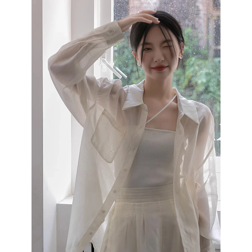 天丝薄款防晒衣衬衫女夏新款配裙子外搭宽松百搭透气空调开衫外套