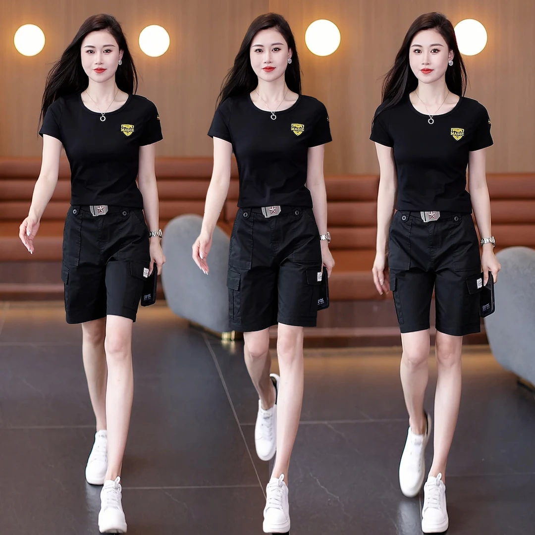 黑色韩版运动套装五分洋气运动百搭夏季休闲宽松大码短裤夏天夏装