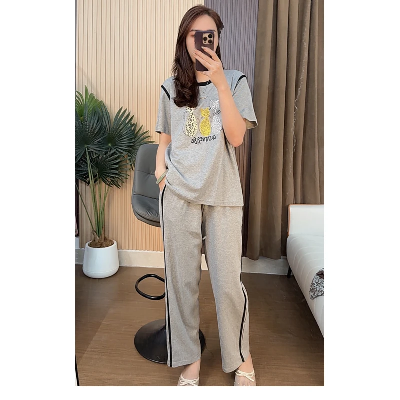 睡衣女夏季纯棉短袖长裤可外穿休闲家居服套装（背影小猫短长）