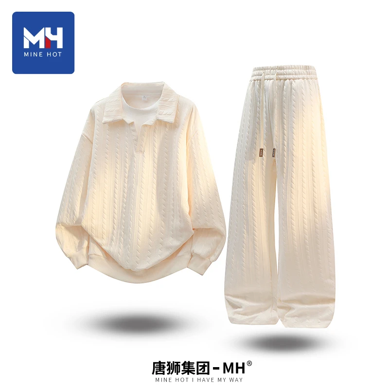 唐狮集团MH秋冬季提花假两件卫衣套装宽松休闲衬衫领长袖上衣卫裤