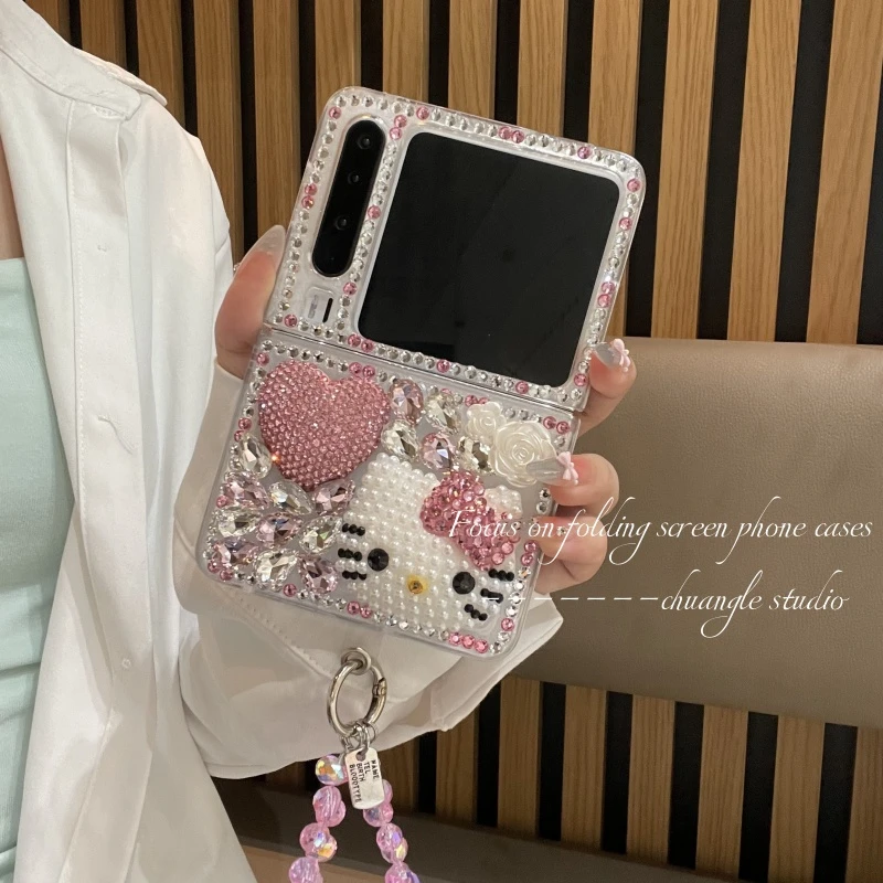 适用于华为purax手机壳粉钻爱心珍珠KT猫保护壳女款高级轻奢气质