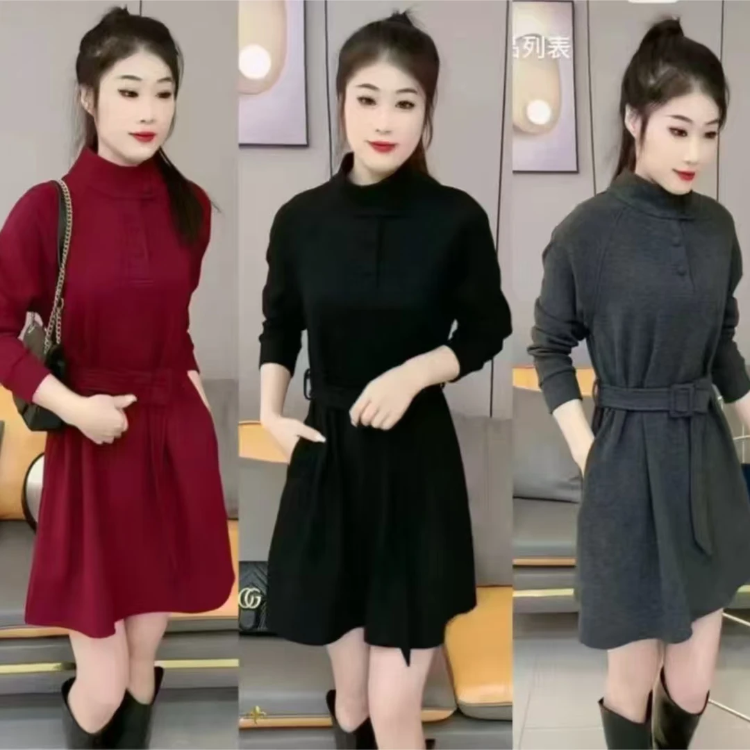 3423-2024年冬季新款时尚气质百搭显瘦腰带连衣裙