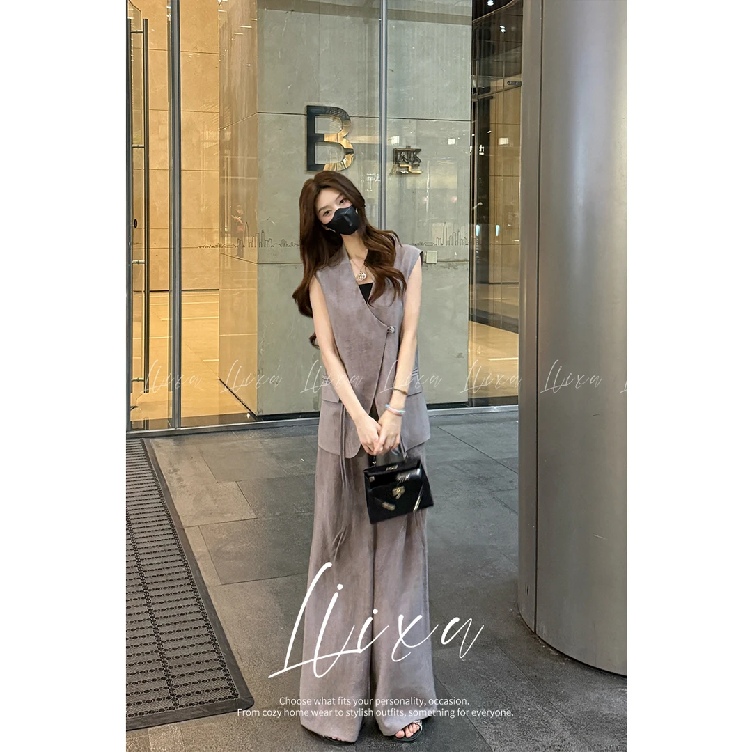 Liixu时尚V领无袖新中式西装外套上衣夏季阔腿裤三件套装24XZ050