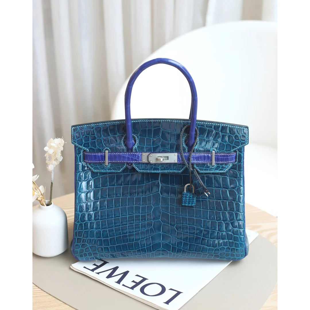 未使用 Hermes/爱马仕 Birkin30 框R刻鳄马蹄 海水蓝 电光蓝 银扣