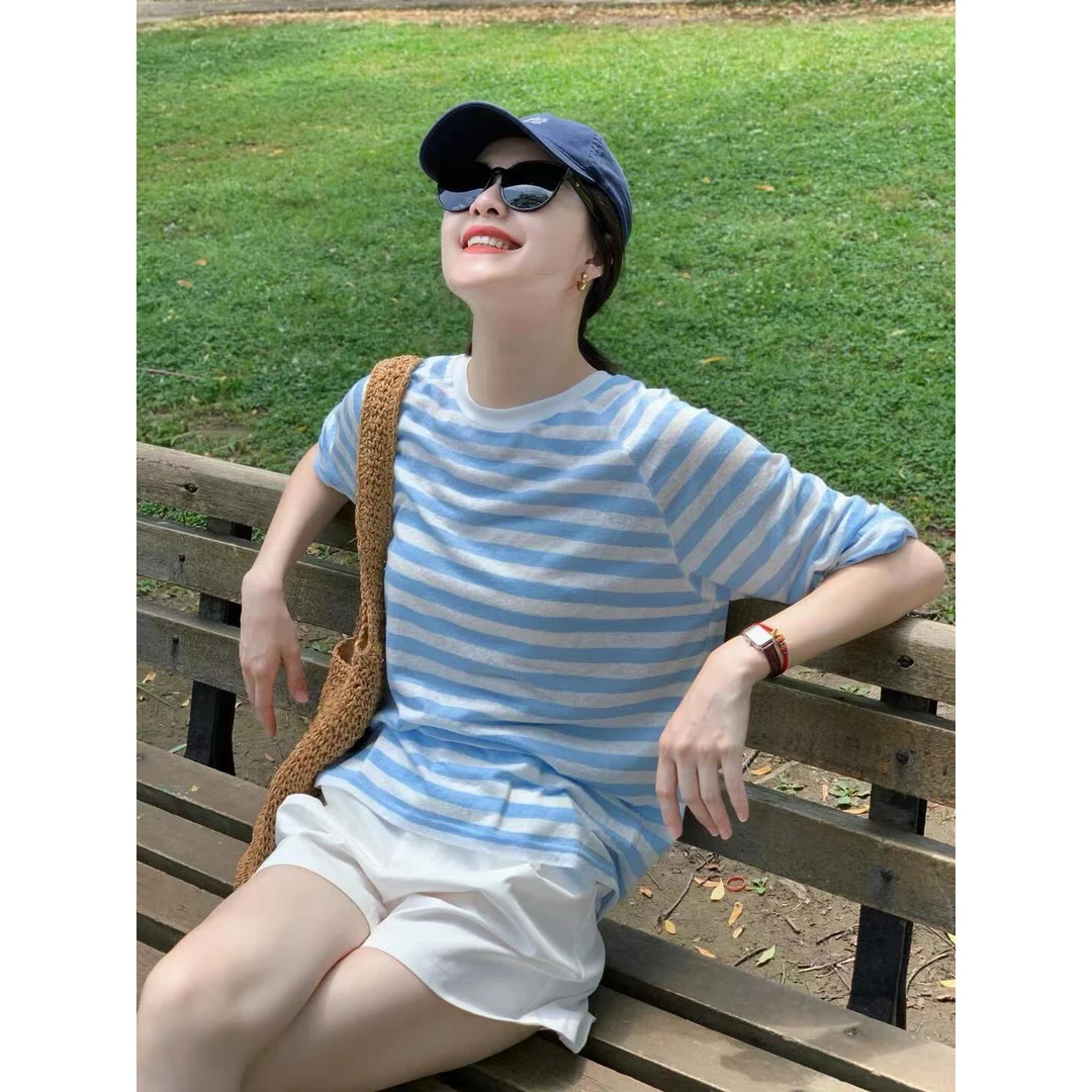 时尚套装夏季2025新款休闲条纹宽松圆领薄款长袖防晒衫短裤两件套