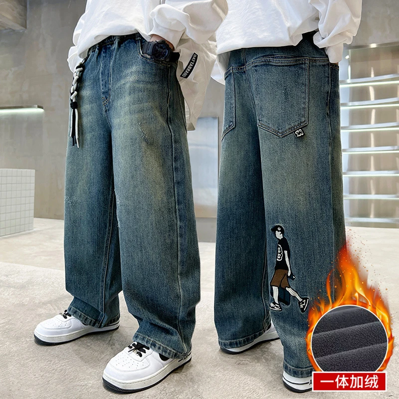 男童加绒牛仔裤一体绒秋冬装6岁12岁8岁10-15岁儿童裤子大童潮款