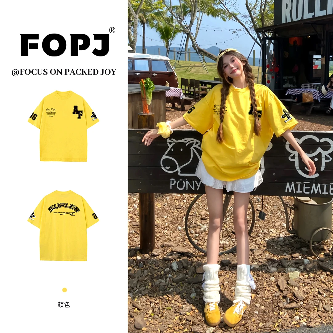 FOPJ美式复古学院风趣味印花短袖t恤女夏季百搭显瘦圆领半袖上衣